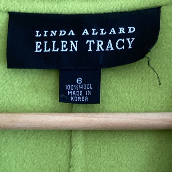 Linda Allard Ellen Tracy Chartreuse Green Open Front 100% Wool Jacket w/Pockets - Picture 7 of 7